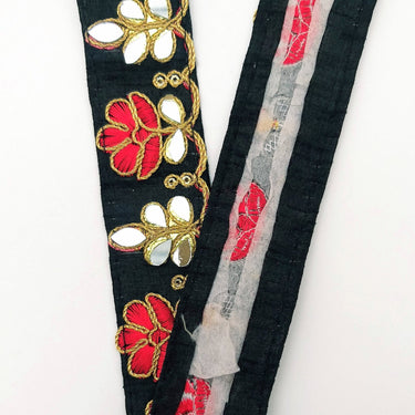 Black Silk Trim With Mirrors Embellishments and Gold Embroidery, Approx. 38mm Wide, Decorative Trim Costume Trim Floral Trim By Yard